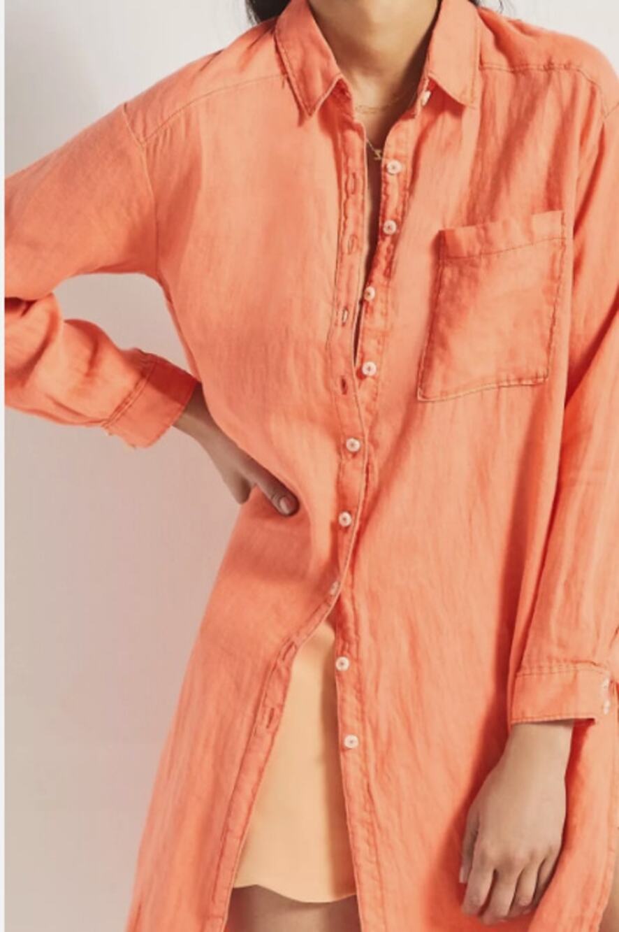 Anthropologie Relaxed Buttondown Linen Tunic Shirt Dress  XS Coral Orange Beach